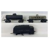 Prewar Lionel O Gauge 02666W whistle tender, two tank cars