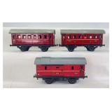 Group of three red prewar GFN Fleischmann O Gauge passenger coaches two 402 one 403