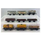 Group of nine Fleischmann O Gauge freight train cars tanks wagons gondola flat