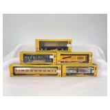 Fleischmann HO Gauge 1420 UP Ocean View pass. coach, 1425 flat, 1426 gondola, 1428B Blatz reefer, 1429 WP box car in boxes
