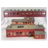 HO Gauge railroad station w/platform, engine house, engine sheds/workshops