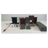 Unmarked G Scale cement/concrete outhouses, well, dock, steps, dog houses, more