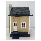 Tan cement/concrete G Scale one room home with stone chimney accessory building
