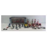 Layout diorama Fireman and Gasoline associated accessory items, die-cast metal, still bank, plastic