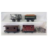 Prewar Lionel O Gauge 801 red Wabash caboose, 801 brown Wabash caboose, Joy Line coach, Joy Line hopper