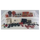 Postwar Lionel O Gauge pieces and parts, cattle figures, CTC lockons, SP smoke pellets in bottles, 3656 in box, 3356-100 in box, LTC in box, MORE