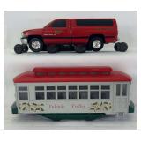 Modern Lionel O Gauge 18436 NYC inspection vehicle and 18481 Yuletide Trolley