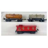 Prewar Lionel O Gauge 1680 Shell, 1680 Sunoco, 1682 caboose, freight cars