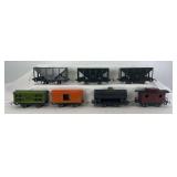 Prewar Lionel O Gauge freight; 800 PRR box, 801 Wabash caboose, 802 Union Stock Lines stock, three 803 hoppers, 804 tank
