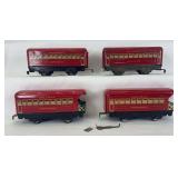 Marx O Gauge red passenger trains; Bogota Pullman w/gray frame, Montclair Pullman, two observation Pullman cars