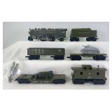 Marx O Gauge 666 2-4-2 steam loco, US Army tender, 2236 USA flat w/tank, 2824 missile firing car w/missile, 234 USA caboose