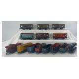 Fourteen Marx O Gauge 4-wheel freight trains; 552, 19847, 91257, 86000, 555, 1678, 738701, 554 with variations