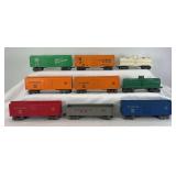 Group of nine Marx O Gauge plastic 8-wheel 3/16" scale freight trains: X-246; 2532; 347100; four 467110; 3280; 34178
