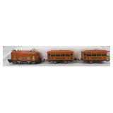 Prewar Lionel O Gauge No. 248 box cab electric, 629 Pullman coach, 630 observation passenger train in orange/peacock