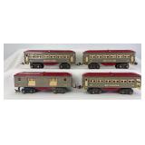 Prewar Lionel O Gauge No. 600 Pullman, 600 Pullman, 601 observation, 602 baggage Gray & Red passenger cars