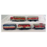Postwar Marx O Gauge 81F Monon CIL electric powered diesel A unit, 11272 MON box, 4493 BAR box, 174588 NYC box, 31055 Monon caboose