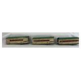 Marx O Gauge Los Angeles coach, Omaha coach, Squaw Bonnet observation M10005 articulated passenger cars
