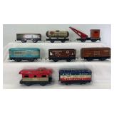 Group of Marx O Gauge 4-wheel 6" freight trains: 552, 553, wrecker, 738701, 5023, 90171, 4485, 20102