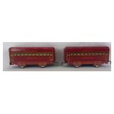 Marx O Gauge red Montclair Pullman and Bogota Pullman with red lithographed frames