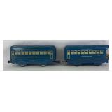 Marx O Gauge blue Montclair Pullman w/knuckle couplers and blue observation Pullman w/tab & slot with blue frames
