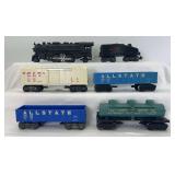 Marx O Gauge 666 2-4-2 w/Allstate slopeback, 249319 Marlines operating box car, two 5532 Allstate gondolas, Allstate Motor Oil tank