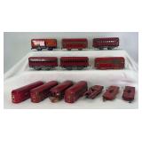 Marx O Gauge red passenger cars, some with lithographed red frames for parts, repairs and restorations