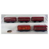 Marx O Gauge five unit red passenger set with four illuminated cars w/handrails