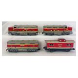 Marx O Gauge Monon CIL 81F powered diesel A unit, unnumbered B unit, 81F powered diesel A unit and 3855 Monon lithographed tinplate caboose