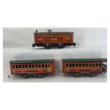 Prewar Winner Lines O Gauge 1030 box cab electric locomotive, 1011 Pullman, 1019 observation; passenger coaches tinplate lithographed trains