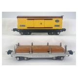 Prewar Lionel O Gauge No. 2811 flat car with lumber load and No. 2814 Automobile Furniture car