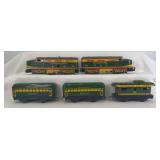 Postwar Marx O Gauge 4000 Seaboard powered and dummy electric diesel locomotive A units, two Montclair passenger coaches, 956 Seaboard Air Lines caboose