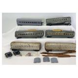 Six Marx O Gauge passenger cars for parts/restoration, two Santa Fe, four New York Central Mercury