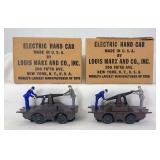 Marx O Gauge; two #2002 Electric Hand Cars in original boxes, variations