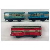 Marx O Gauge 1427 Pennsylvania 37956 box car, 5013 and 5016 blue New York Central U.S. Mail/RPO cars