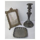 Ornate Brass Frame, Pewter Tray, and Candlestick