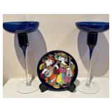 Hand-Painted Plate + Blue Glass Candleholders