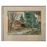 Watercolor Scene With Car and Garage