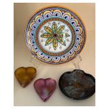 Italian Deruta Plate and Art Glass Hearts