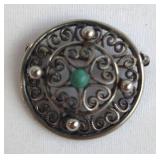 Silver Brooch with Green Stone Accent