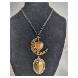 Pendant Necklace With Crescent and Tiger's Eye