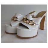 White Platform Heeled Mules with Gold Chain
