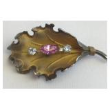 Bond Boyd Sterling Leaf Pin with Pink Stone