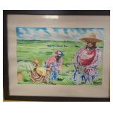 Framed Watercolor of Field Workers