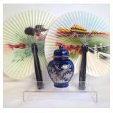 Chinese Hand Fans and Decorative Vase