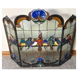 Stained Glass Folding Fire Screen With Birds