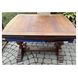 Oak Wood Dining Table with Ornate Pedestal Base