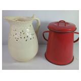Red Enamel Canister and Ceramic Pitcher