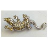 Silver-Tone Lizard Brooch with Yellow Rhinestones