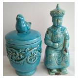 Blue Ceramic Lidded Jar and Figurine Set