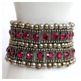 Beaded Metal Bracelet With Red Stones
